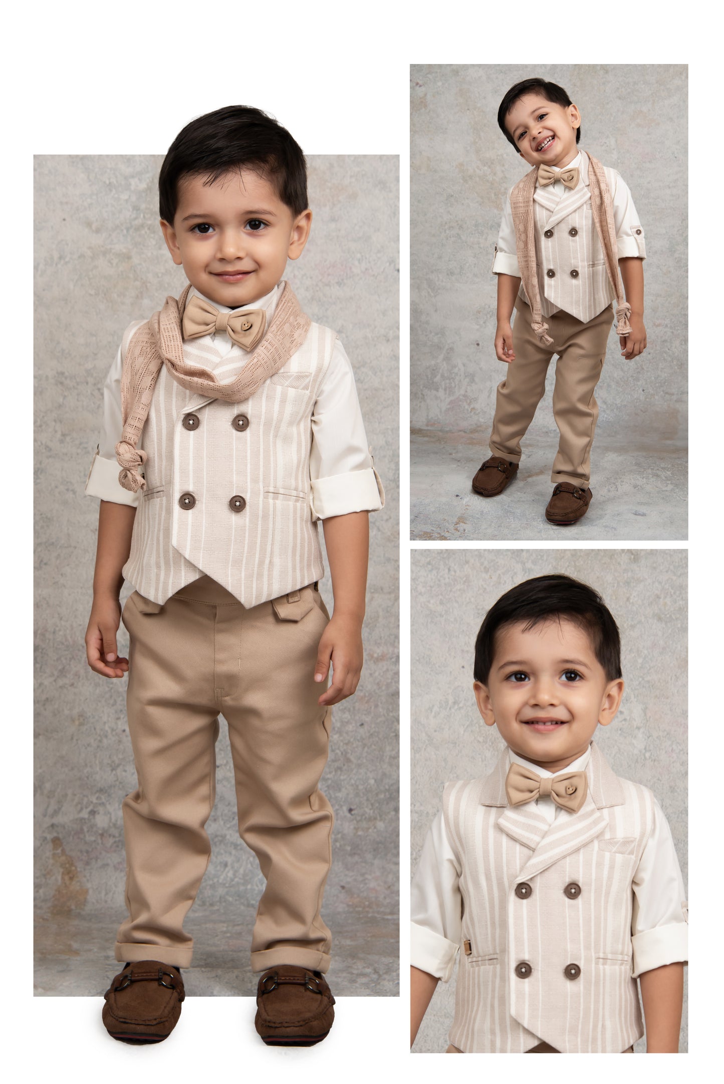 Beige Full Sleeves Charming and Trendy Linen Waistcoat Set with Stole and Bow