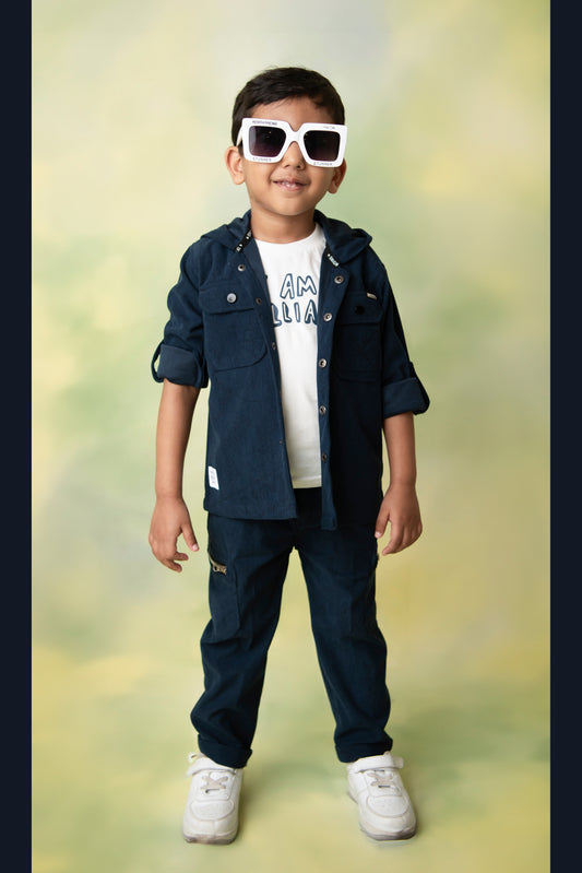 Navy Super Smart Striped Codruouy All Over Laser Printed Full Sleeves Hoodie Shacket Pant Coordinate Set with Tshirt