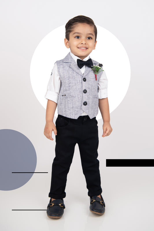 Navy Adorable Woven Waistcoat Full Sleeves Shirt Pants Set with Bow