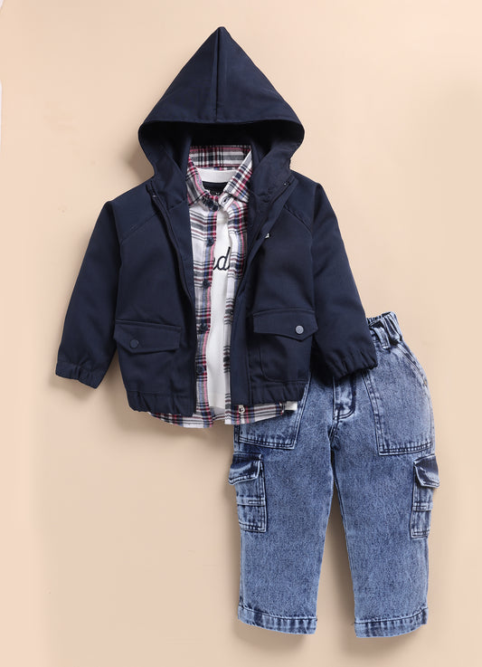 Navy Fashionable and Trendy Hooded Jacket, Shirt, Tshirt, Cargo Pants Casual set