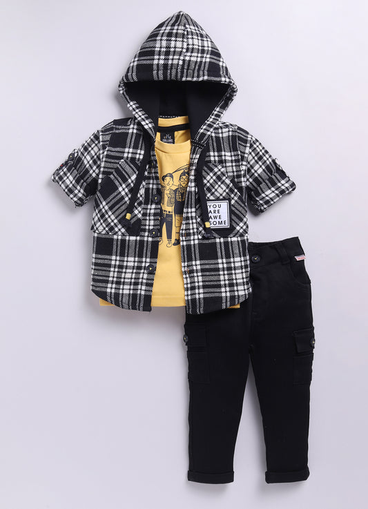 Mustard Recycled Cotton Checkered Casual Overshirt and Cargo Pants Set