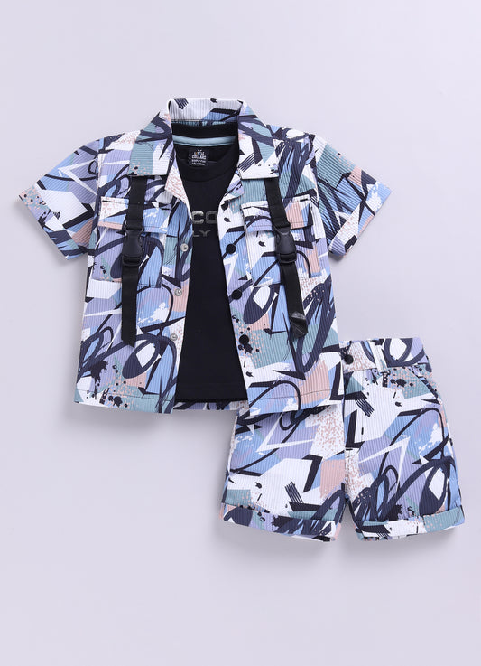 Green Super Smart Waffle Abstract Digital Printed Short Sleeves Poly Blend Half Sleeves Shirt Shorts Coord set with Tshirt