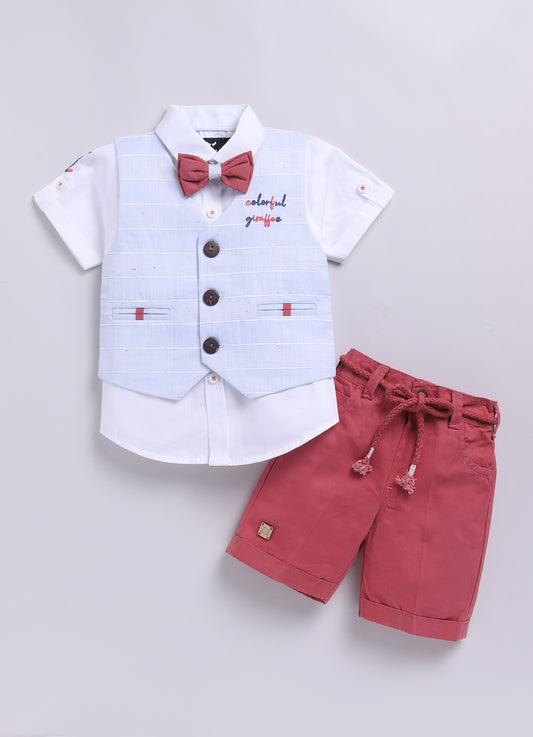 Sky Cotton Checkered Waistcoat Shirt Bright Pant set with Bow