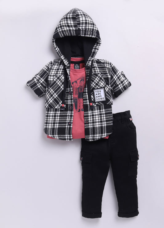 Cherry Recycled Cotton Checkered Casual Overshirt and Cargo Pants Set