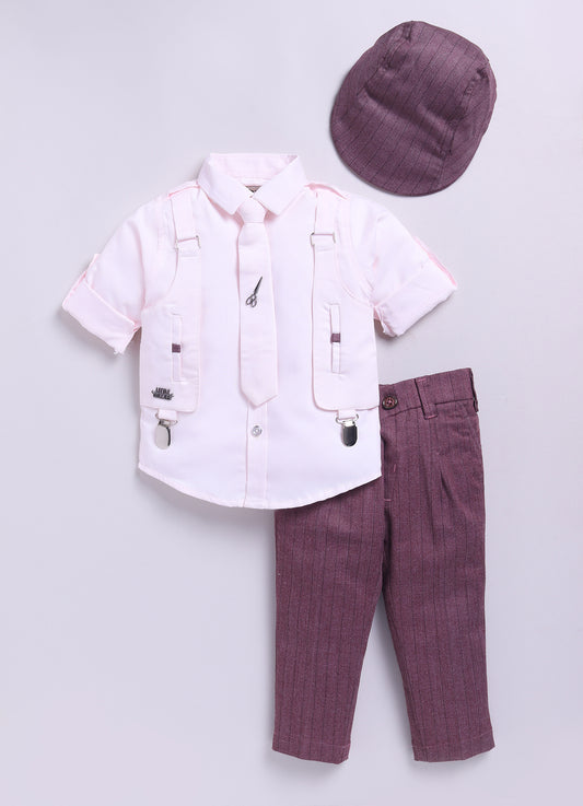 Wine Attached Suspender Striped Pants Shirt and Tie Formal Set