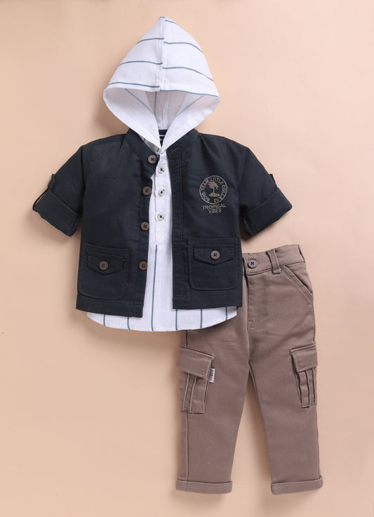 Green Casual and Stylish Full Sleeves Cotton Blend Washed Shacket with Pants and Striped Half Sleeves Hooded Kurta Shirt