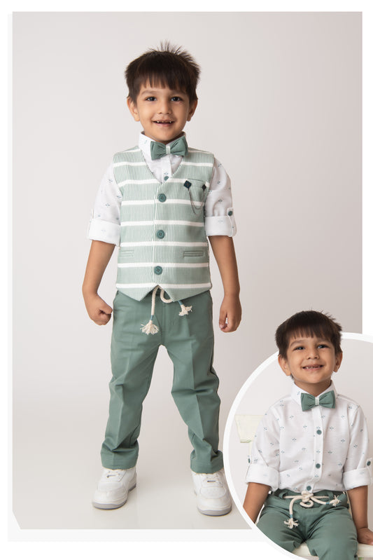 Green Adorable Knitted Waistcoat Full Sleeves Shirt Pants Set for Boys