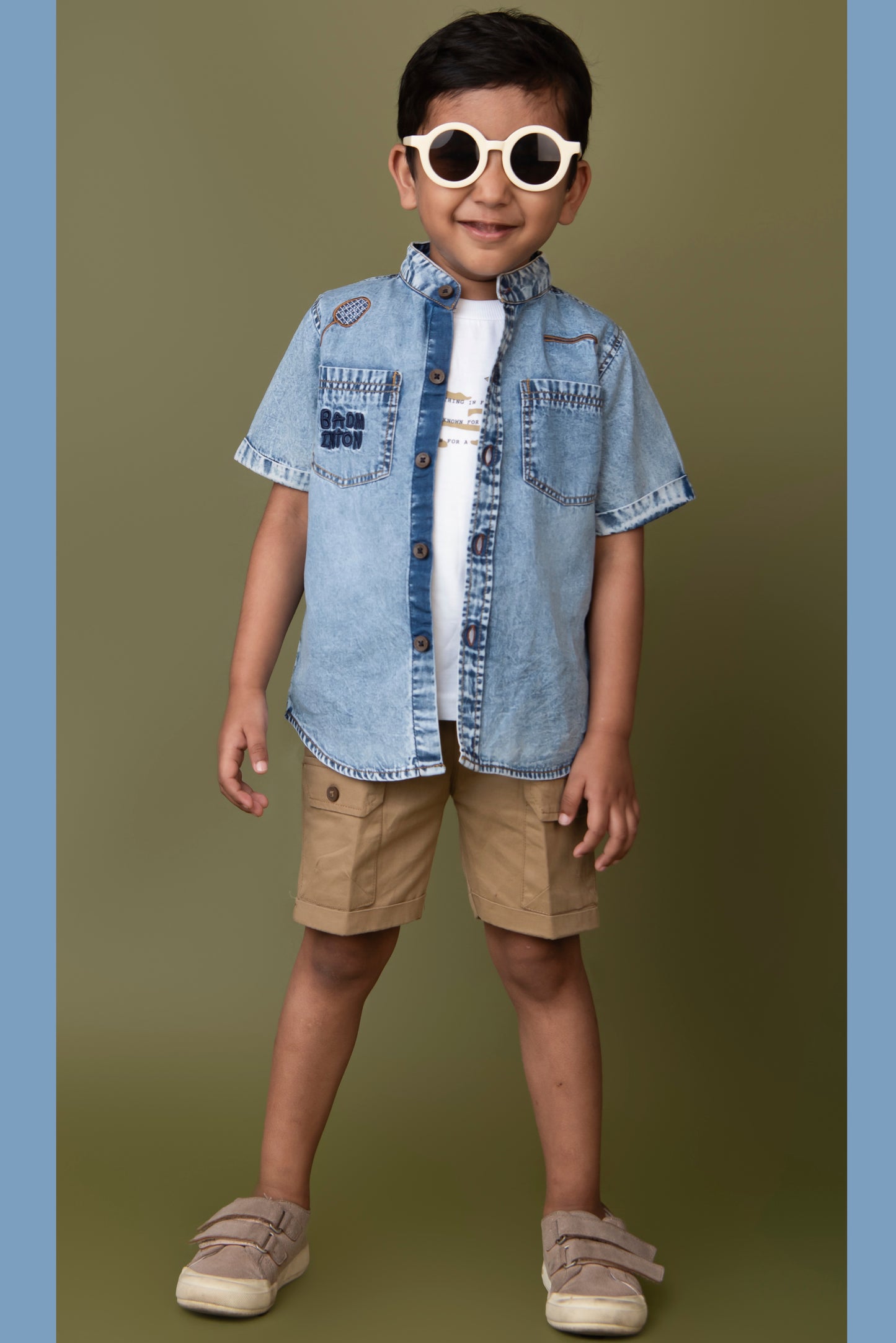 Khaki Super Comfortable Soft Denim Half Sleeves Shirt Cotton Bright Shorts Tshirt Set