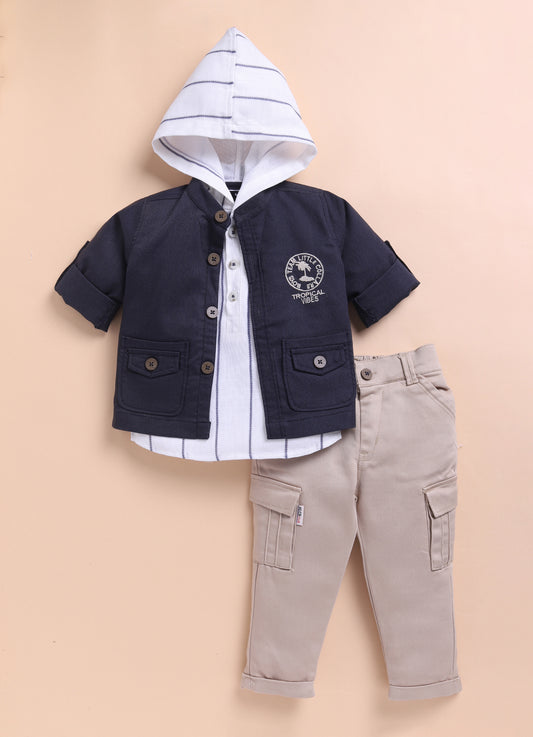 Blue Casual and Stylish Full Sleeves Cotton Blend Washed Shacket with Pants and Striped Half Sleeves Hooded Kurta Shirt