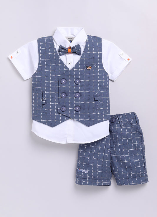 Blue Cotton Checkered Waistcoat Shirt Pant Coord set with Bow