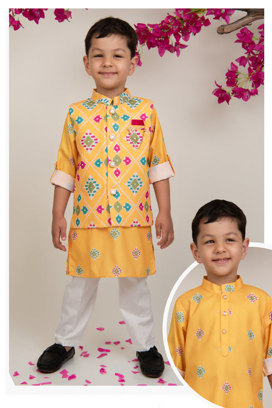 Lemon Cotton Silk Blend Soft Festive Ikat Printed Bright Nehru Jacket and Full Sleeves Kurta Pajama Ethnic Set with Brooch