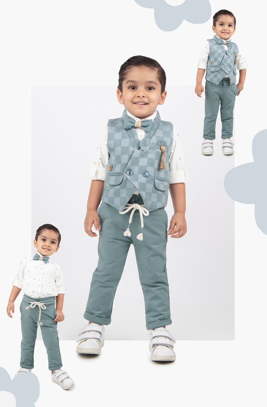 S.Blue Adorable Jacquard Waistcoat Full Sleeves Shirt Pants Bow Set for Boys