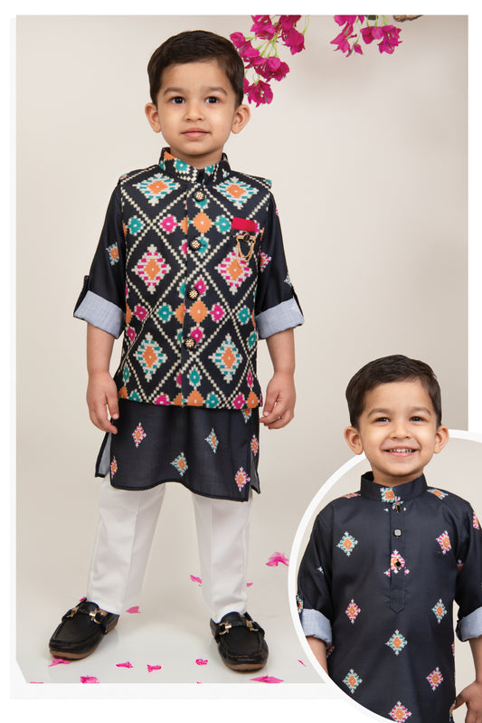 Black Cotton Silk Blend Soft Festive Ikat Printed Bright Nehru Jacket and Full Sleeves Kurta Pajama Ethnic Set with Brooch