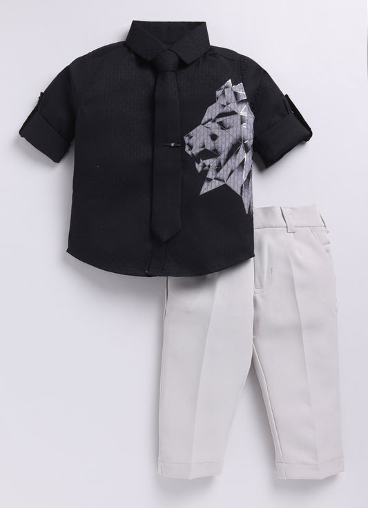 Black Formal Animal Printed Full Sleeves Shirt Pant Tie Set