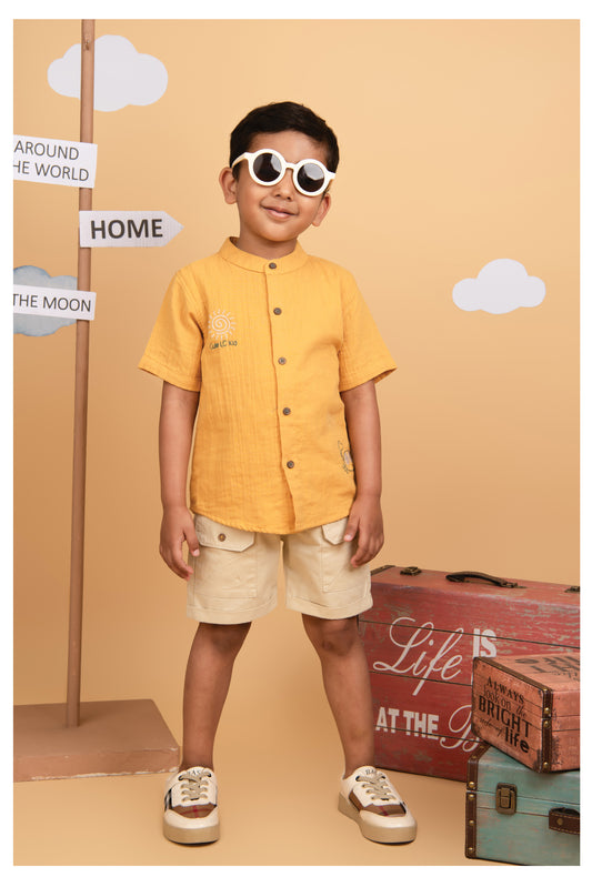 Mustard Casual Pure Organic Muslin Cotton Half Sleeves Shirt Half Pant Set