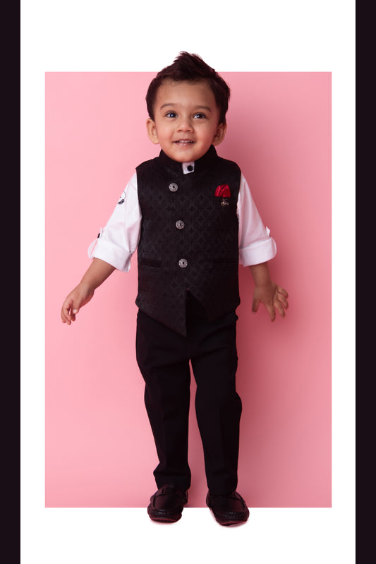 Navy Boys Full Sleeves Elegant Jaquard Nehru Jacket Coord Set