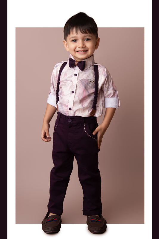 Wine Smart Crushed Printed Shirt Pant Suspender Bow Set