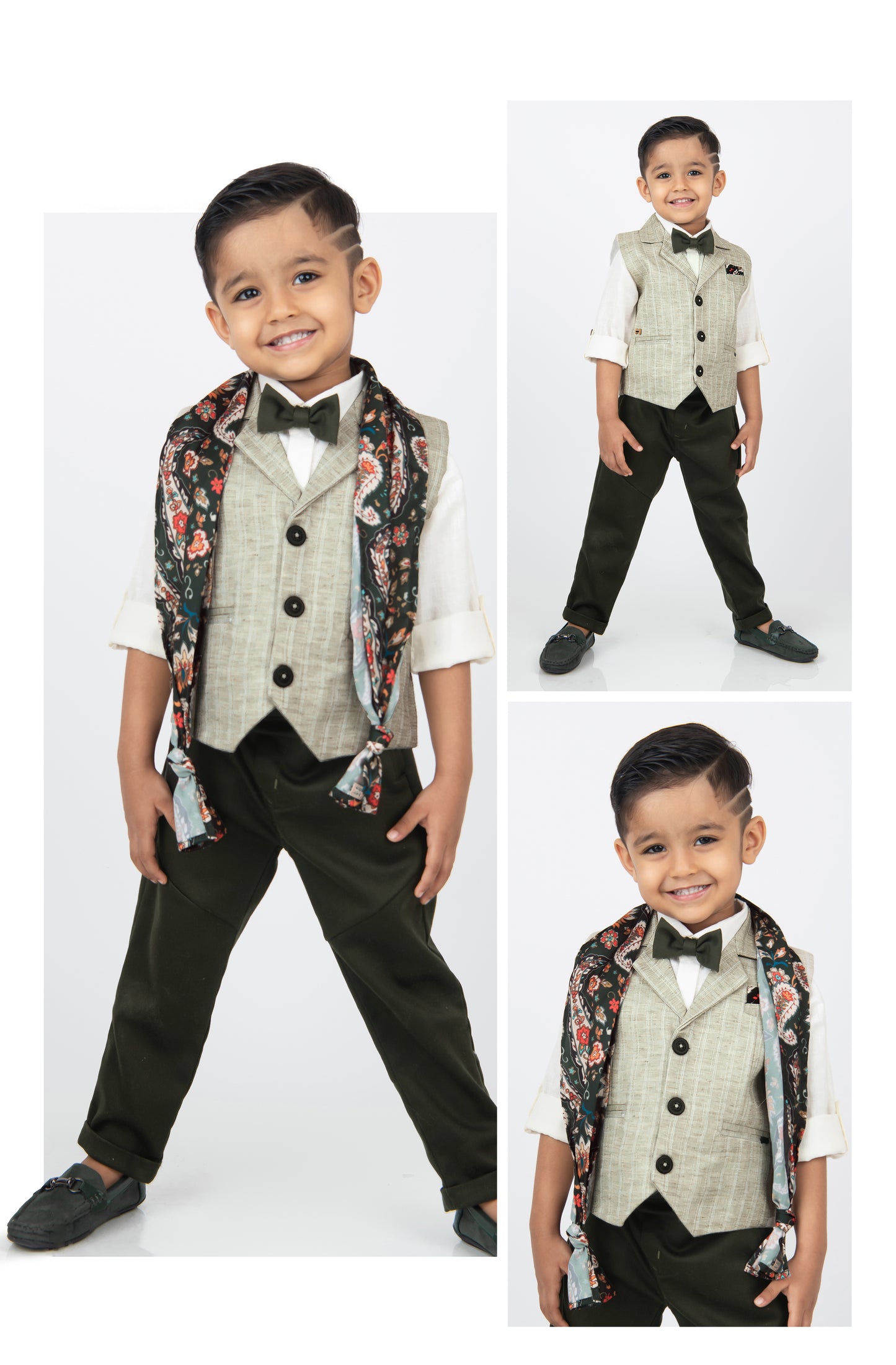 Green Boys Full Sleeves Charming and Trendy Linen Waistcoat Set with Stole and Bow