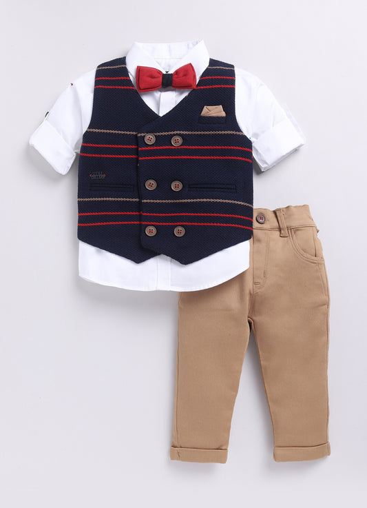 Navy Elegant Striped Jacquard Full Sleeves Partywear Set with Bow