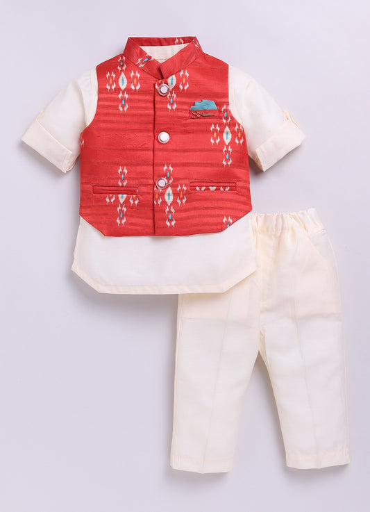 Red Boys Ikat Printed Bright Ethnic Jacket Full Sleeves Kurta Pajama Set