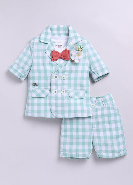 Green Cotton Coat TShirt Pant Coord set with Bow