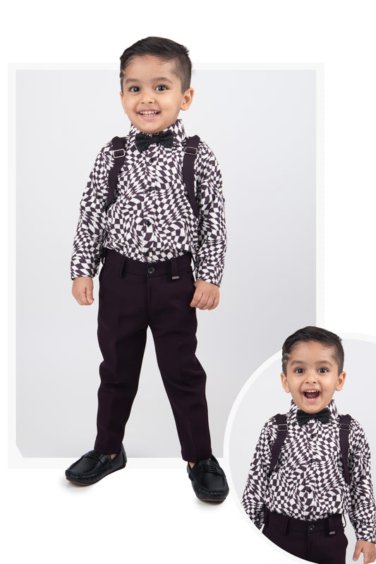 Wine Partywear Abstract Printed Full Sleeves Shirt Pant Attached Suspender Bow Set