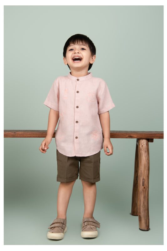 Pink Blue Casual Pure Organic Cotton Embroidered Half Sleeves Shirt Half Pant Set