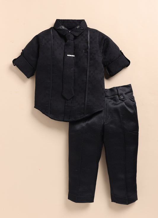 Black Debonair Structured Formal Full Sleeves Shirt Pant Tie Set