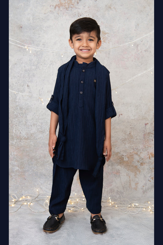 Navy Blue Festive Pathani Kurta with Patiala Pants and Dupatta