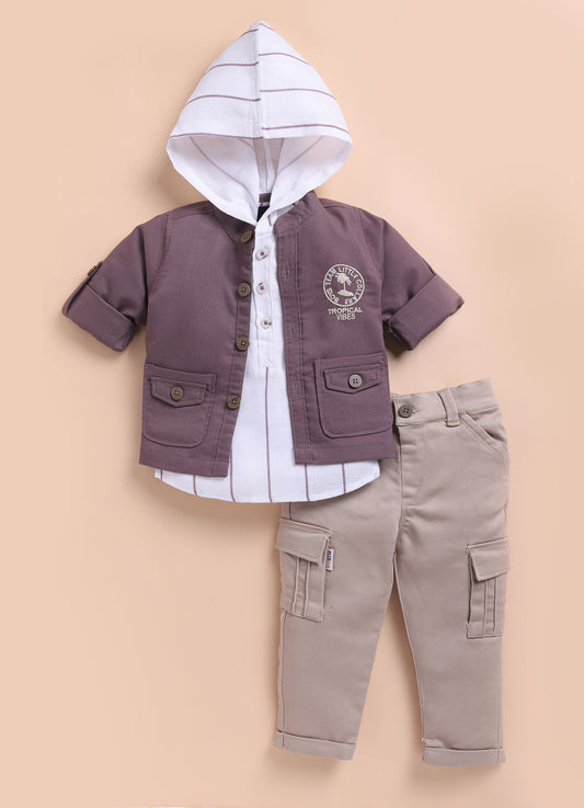 Lavender Casual and Stylish Full Sleeves Cotton Blend Washed Shacket with Pants and Striped Half Sleeves Hooded Kurta Shirt