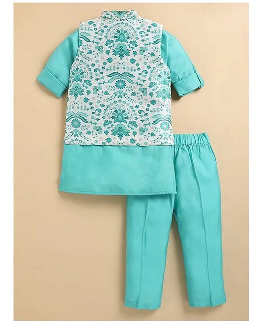 Full Sleeves Solid Coordinating Kurta & Pyjama With Floral Printed Jacket - Green