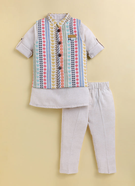 Boys Blended Cotton Woven Floral Printed Nehru Jacket, Full Sleeve Kurta and Pajama Ethnic Set - Multi