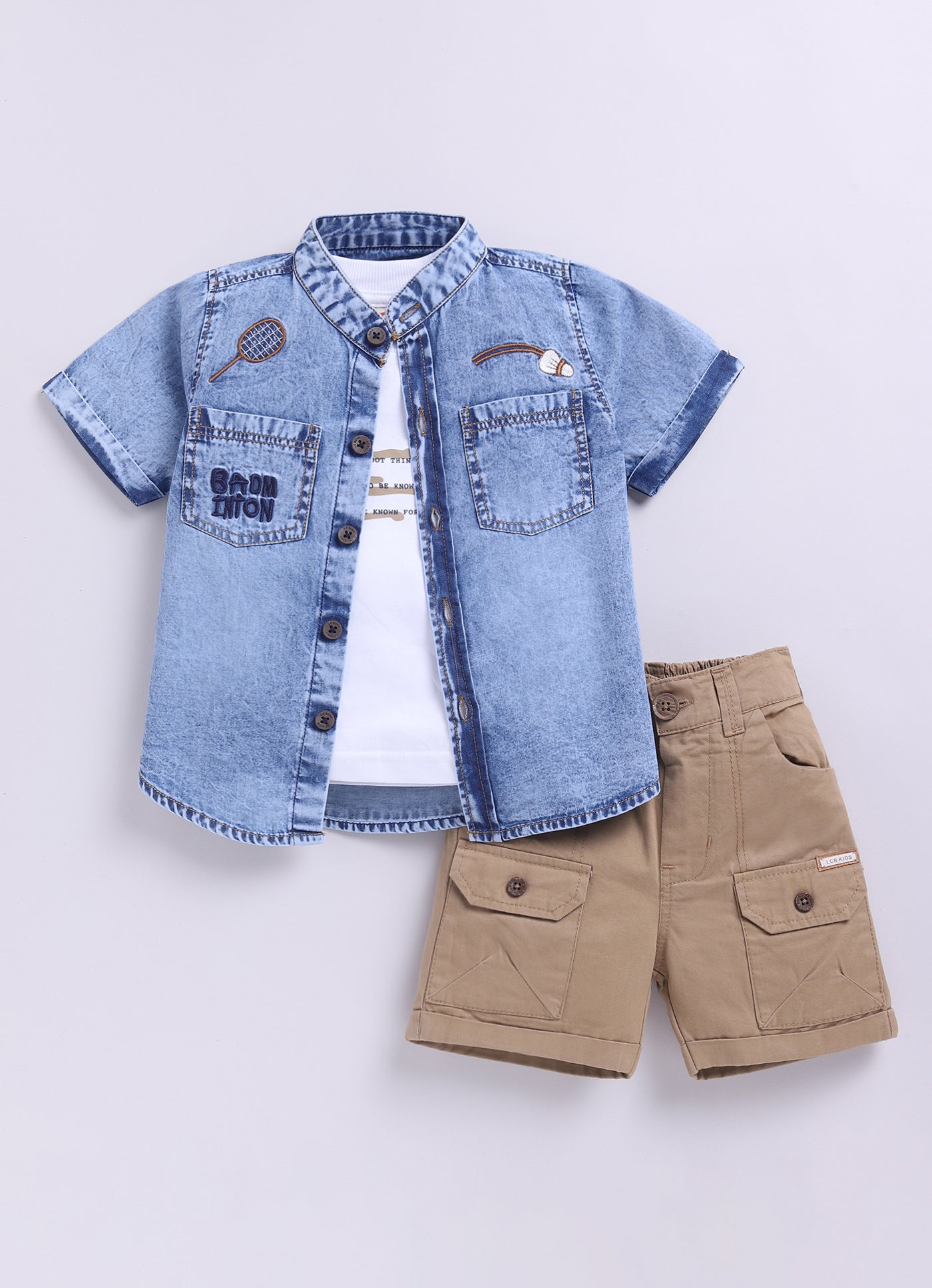 Khaki Super Comfortable Soft Denim Half Sleeves Shirt Cotton Bright Shorts Tshirt Set