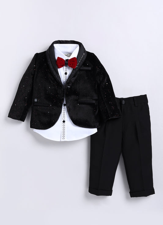 Black Shiny Velvet Coat Tuxedo Pant Shirt Set with Red Bow