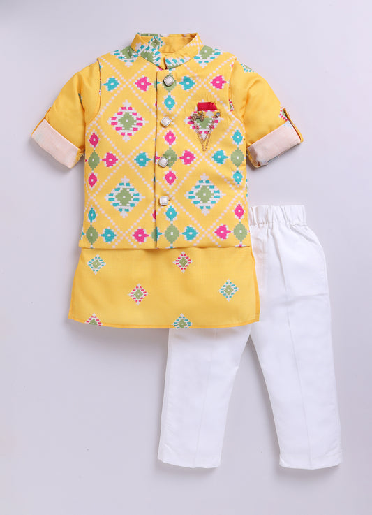 Lemon Cotton Silk Blend Soft Festive Ikat Printed Bright Nehru Jacket and Full Sleeves Kurta Pajama Ethnic Set with Brooch
