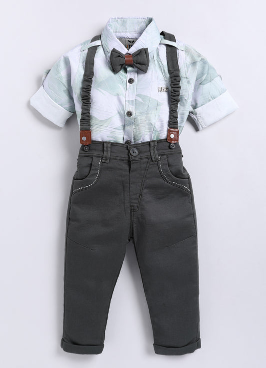 Green Smart Crushed Printed Shirt Pant Suspender Bow Set