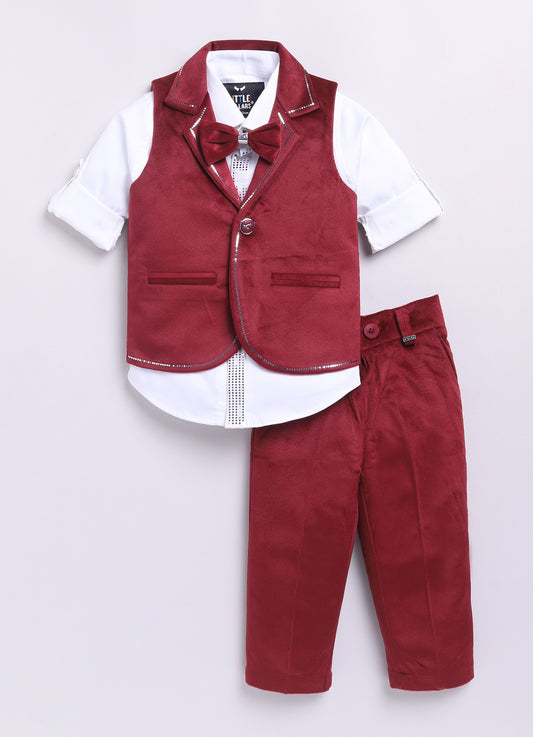 Maroon Boys Full Sleeves Elegant Velvet Suede Patterned Partywear Jacket Coord Set with Bow