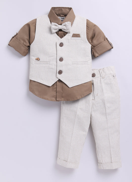 Khaki Cotton Elegant Formal Full Sleeves 4 piece Waistcoat Coord Set