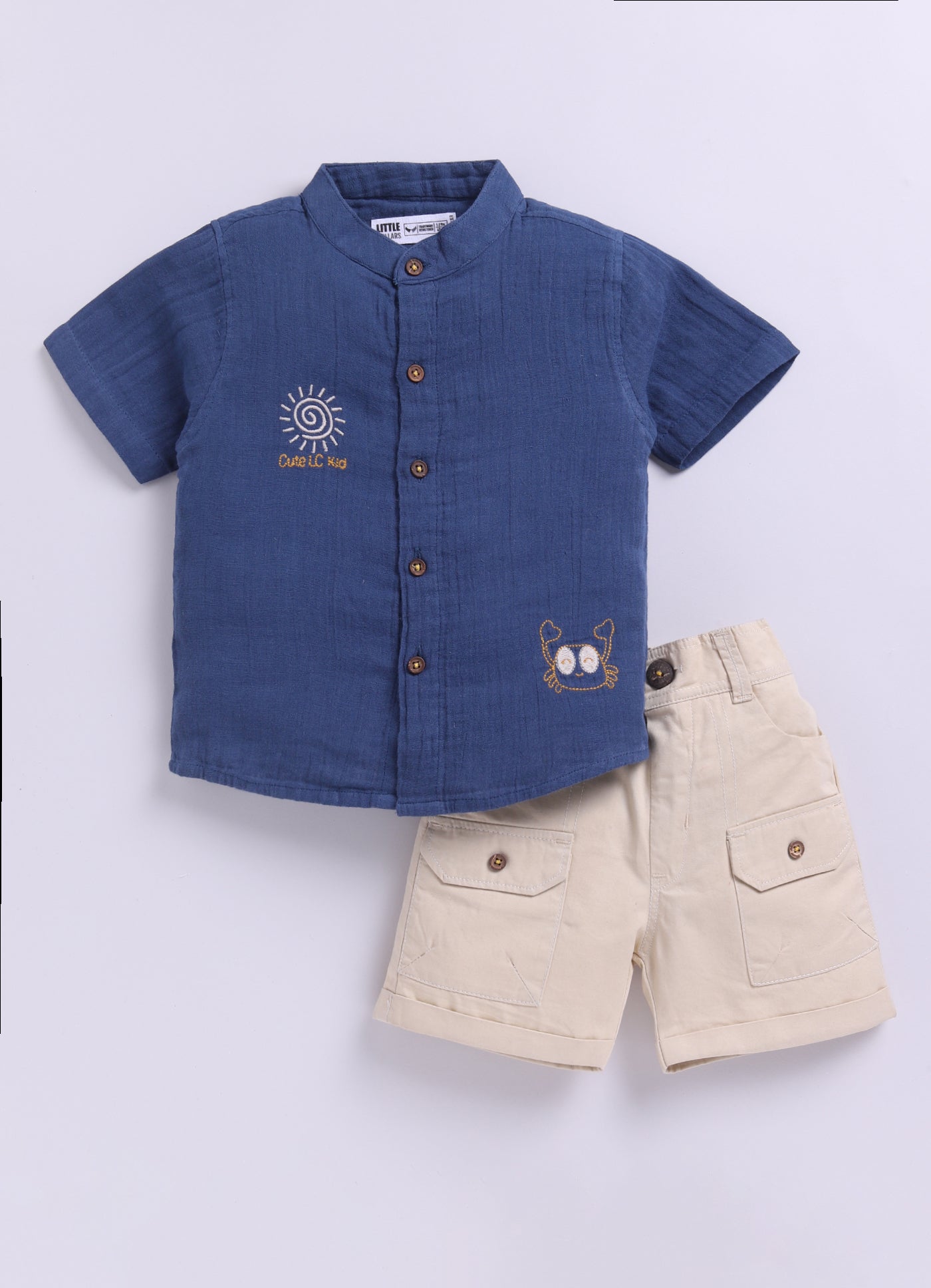 Blue Casual Pure Organic Muslin Cotton Half Sleeves Shirt Half Pant Set