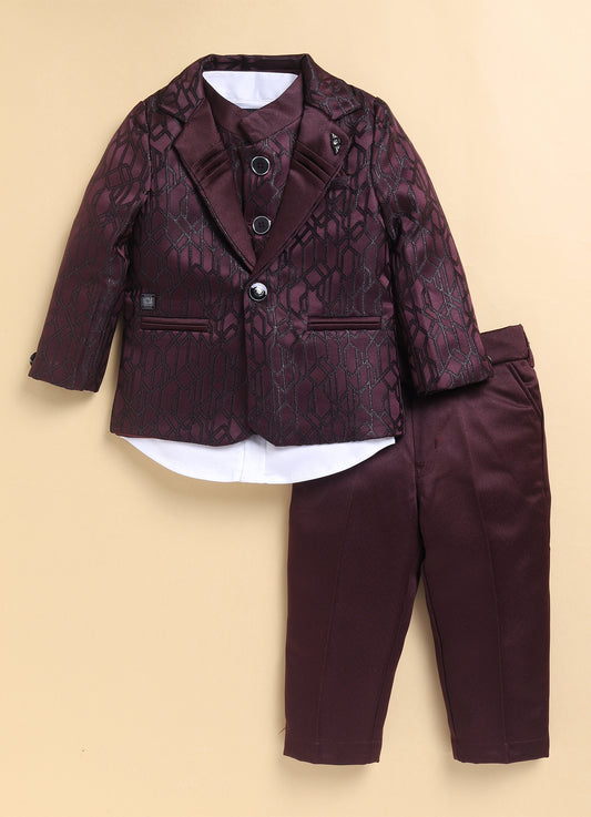 Maroon Elegant Partywear Floral Jacquard IndoWestern Coat Nehru Jacket Full Sleeves Shirt Trouser Set for Boys