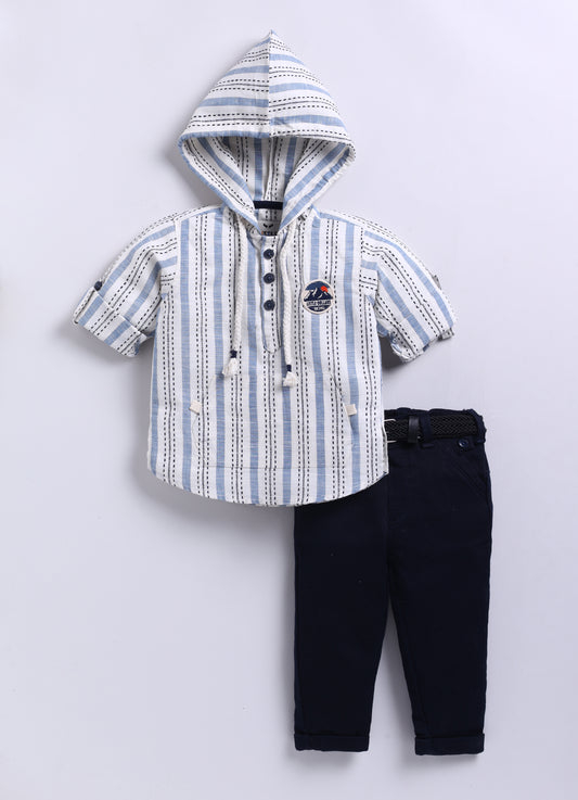 Casual and Stylish Full Sleeves Cotton Striped Hoodie Shirt with Pants with Belt- NAVY