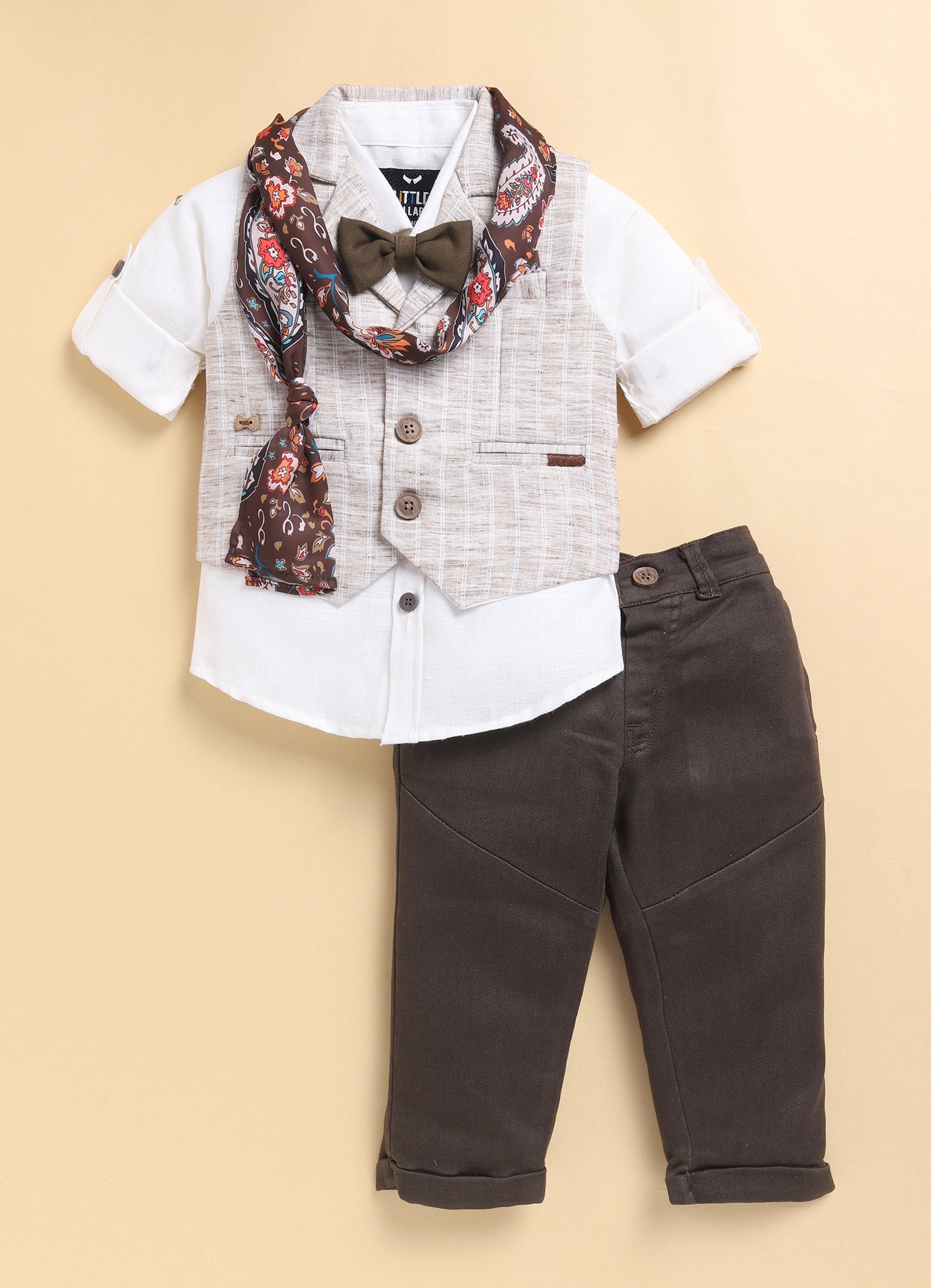Coffee Boys Full Sleeves Charming and Trendy Linen Waistcoat Set with Stole and Bow