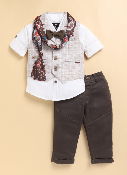 Coffee Boys Full Sleeves Charming and Trendy Linen Waistcoat Set with Stole and Bow