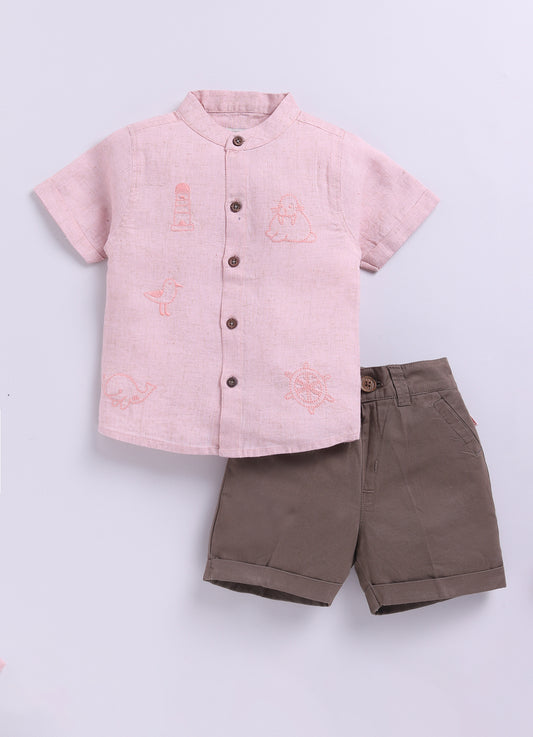 Pink Blue Casual Pure Organic Cotton Embroidered Half Sleeves Shirt Half Pant Set