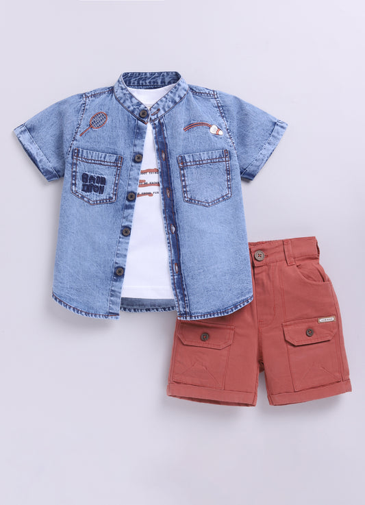 Rust Super Comfortable Soft Denim Half Sleeves Shirt Cotton Bright Shorts Tshirt Set