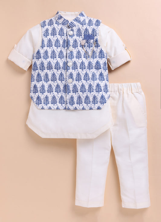 Blue Art Silk Blend Soft Festive Motif Printed and Embroidered Ethnic Nehru Jacket Full Sleeves Kurta Pajama Set with Brooch