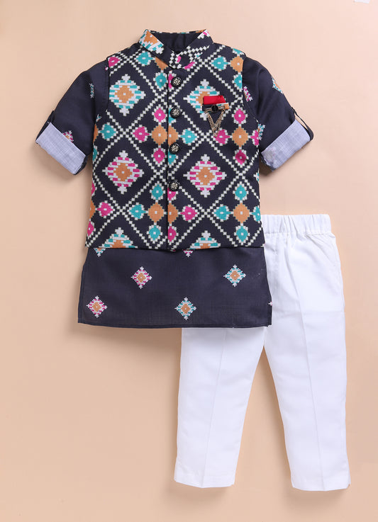 Black Cotton Silk Blend Soft Festive Ikat Printed Bright Nehru Jacket and Full Sleeves Kurta Pajama Ethnic Set with Brooch