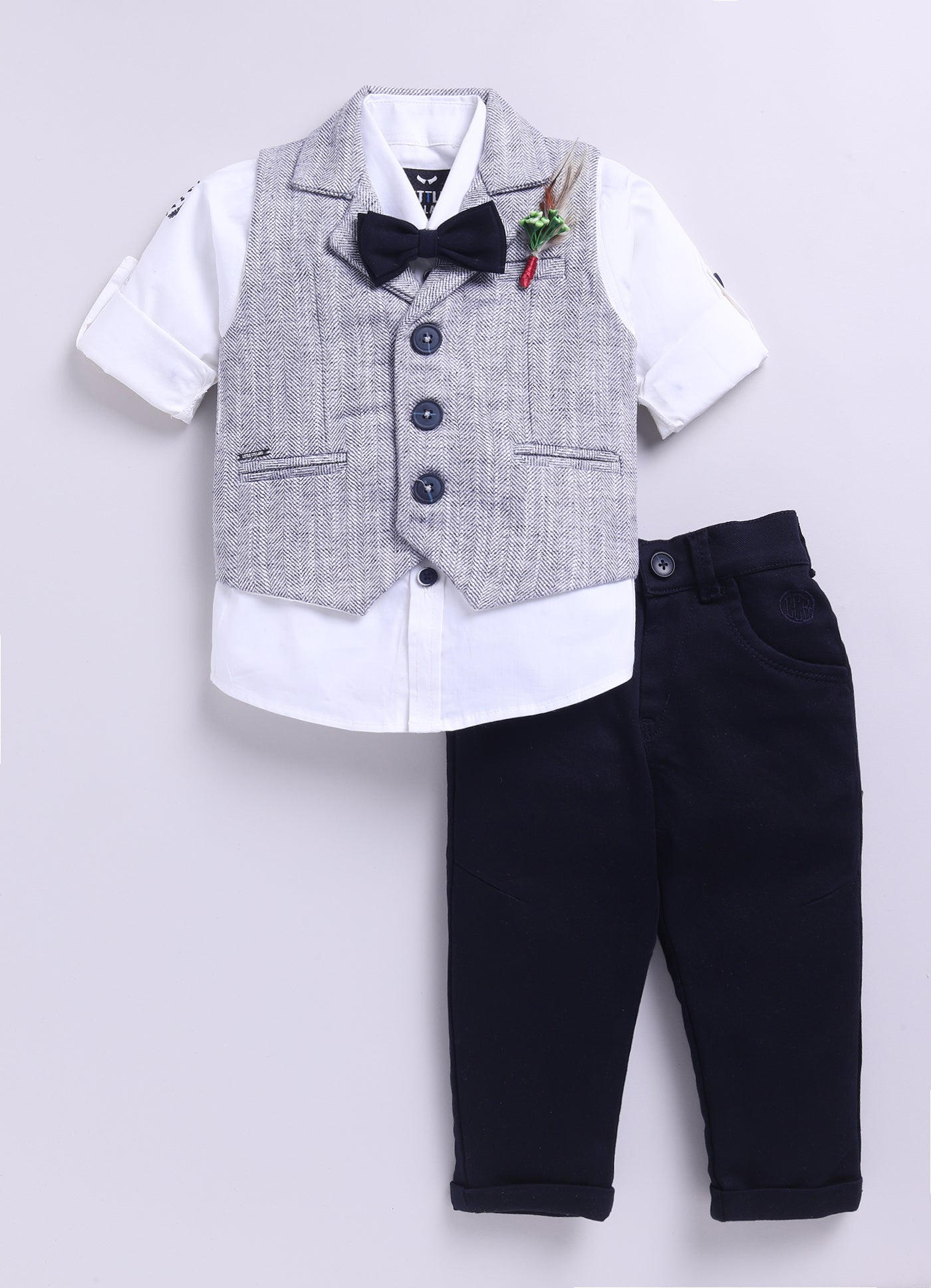 Navy Adorable Woven Waistcoat Full Sleeves Shirt Pants Set with Bow