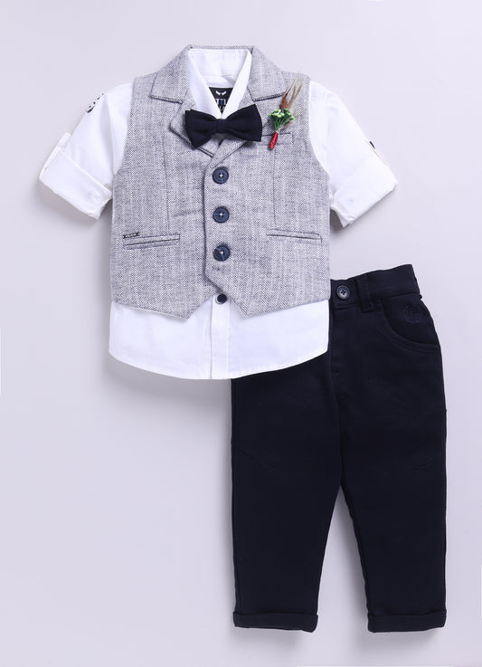 Navy Adorable Woven Waistcoat Full Sleeves Shirt Pants Set with Bow