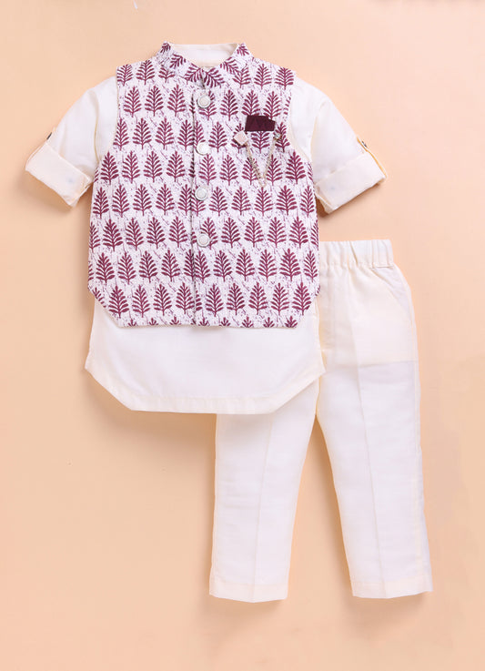 Wine Art Silk Blend Soft Festive Motif Printed and Embroidered Ethnic Nehru Jacket Full Sleeves Kurta Pajama Set with Brooch